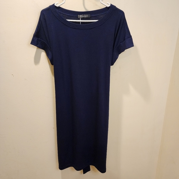 MEROKEETY Navy Blue Casual Knee Length Dress With Pockets Size L NWT - Picture 1 of 9